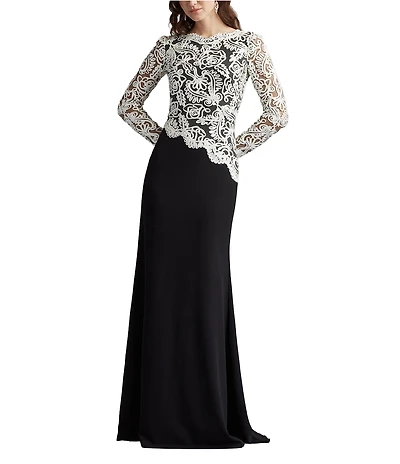Tadashi Shoji Long Sleeve Boast Neck Asymmetrical Lace Gown