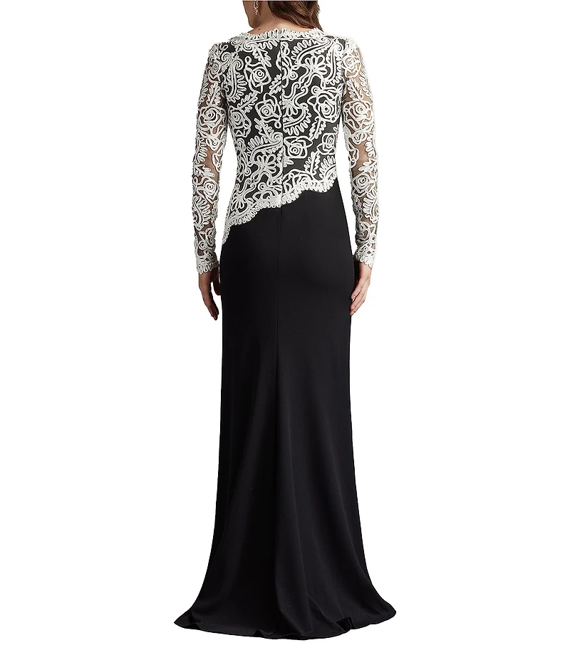 Tadashi Shoji Long Sleeve Boast Neck Asymmetrical Lace Gown