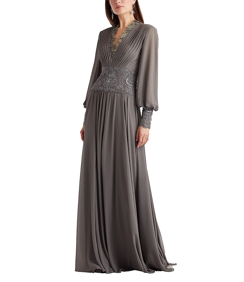 Tadashi Shoji Long Sleeve Chiffon Sequin A Line Gown