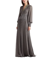 Tadashi Shoji Long Sleeve Chiffon Sequin A Line Gown