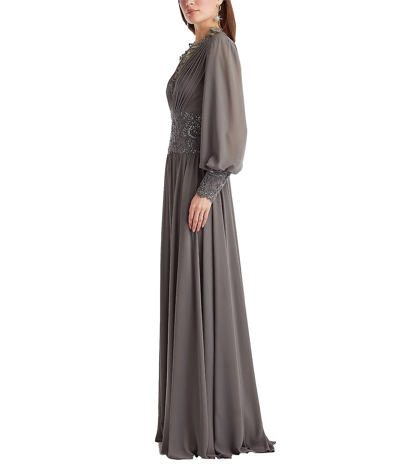 Tadashi Shoji Long Sleeve Chiffon Sequin A Line Gown