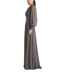 Tadashi Shoji Long Sleeve Chiffon Sequin A Line Gown