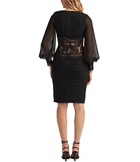 Tadashi Shoji Long Sleeve Chiffon V Neck Crepe Dress