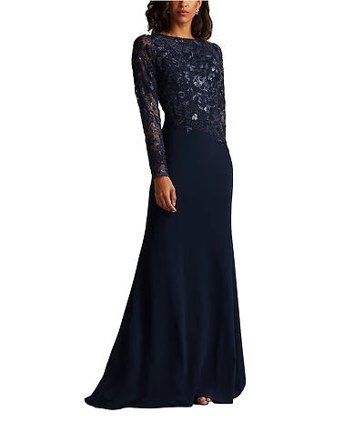 Tadashi Shoji Long Sleeve Embroidered Lace Illusion Sleeve Gown