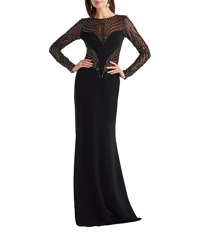 Tadashi Shoji Long Sleeve Illusion Neck Sequin Lace Crepe Gown