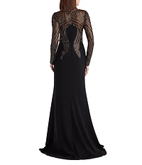 Tadashi Shoji Long Sleeve Illusion Neck Sequin Lace Crepe Gown