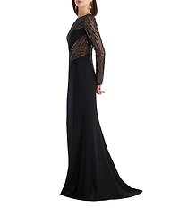 Tadashi Shoji Long Sleeve Illusion Neck Sequin Lace Crepe Gown