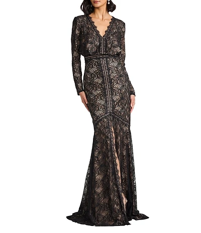 Tadashi Shoji Long Sleeve Lace V Neck Gown