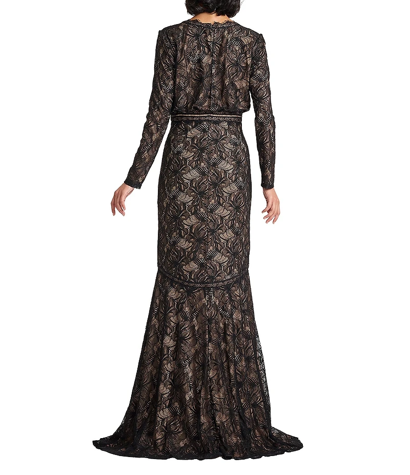 Tadashi Shoji Long Sleeve Lace V Neck Gown