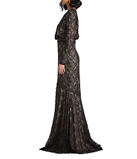 Tadashi Shoji Long Sleeve Lace V Neck Gown