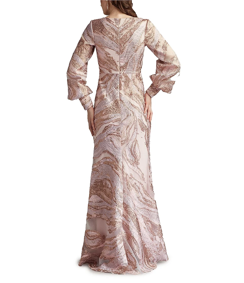 Tadashi Shoji Long Sleeve Metallic Jacquard Gown