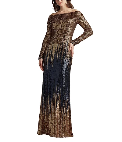 Tadashi Shoji Long Sleeve Off The Shoulder Ombre Sequin Dress