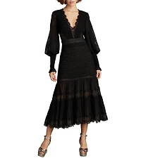 Tadashi Shoji Long Sleeve Pleated Chiffon Midi Dress
