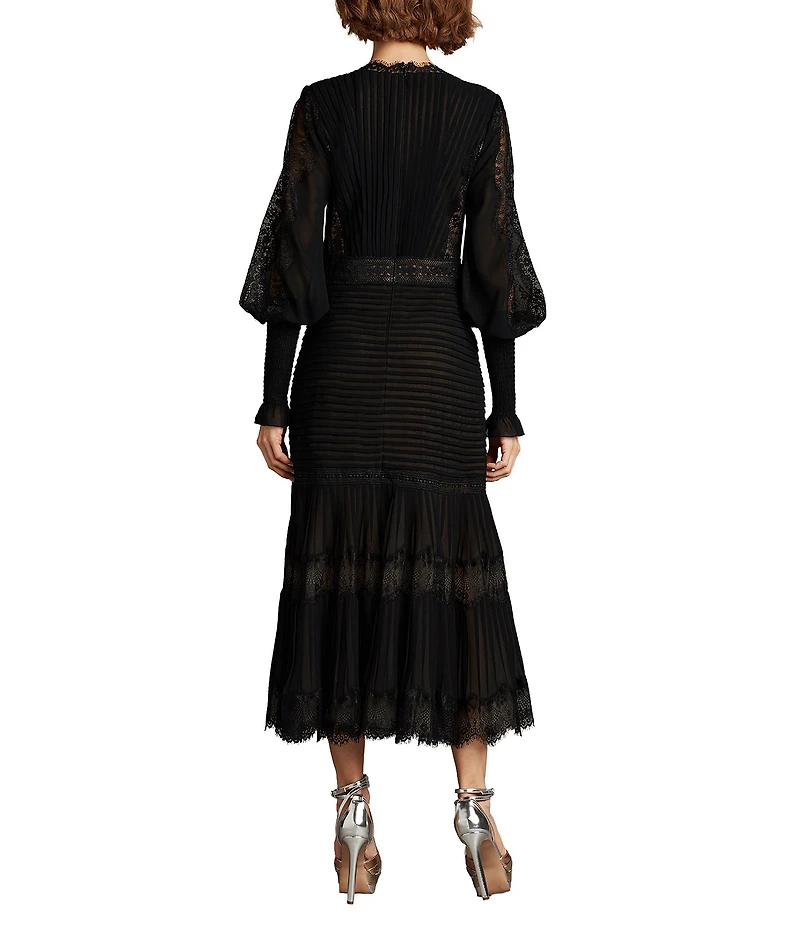 Tadashi Shoji Long Sleeve Pleated Chiffon Midi Dress
