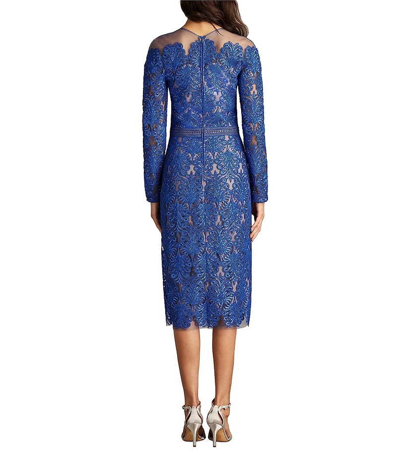Tadashi Shoji Long Sleeve Sequin Embroidered Lace Sheath Midi Dress