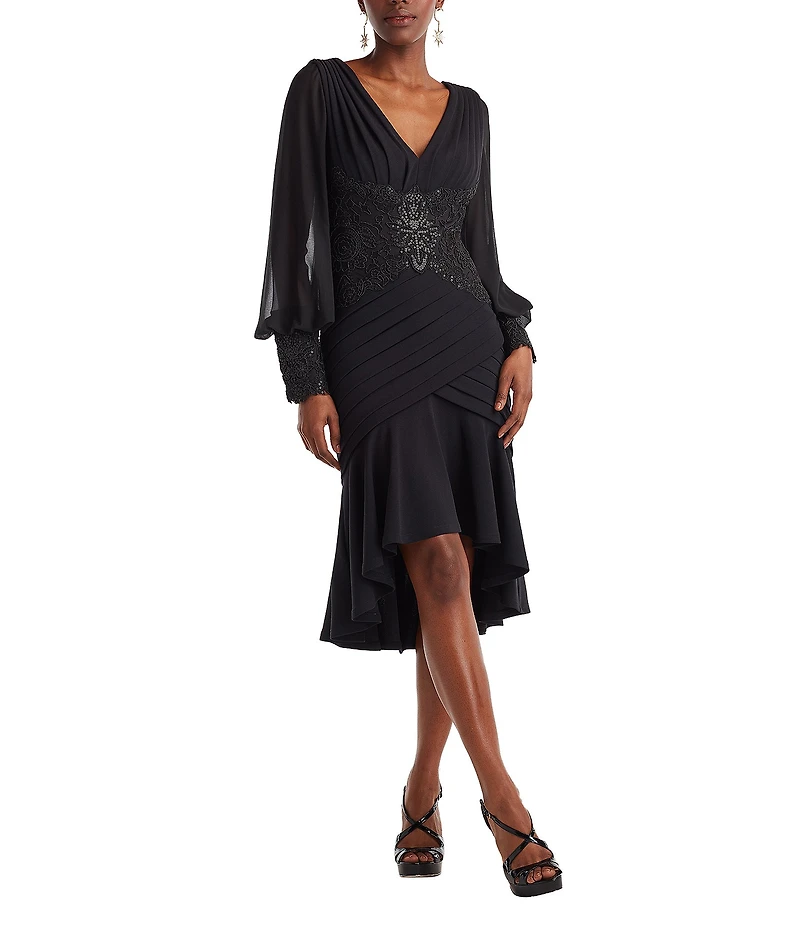 Tadashi Shoji Long Sleeve Shutter Pleat High Low Crepe Lace Sheath Dress