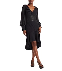 Tadashi Shoji Long Sleeve Shutter Pleat High Low Crepe Lace Sheath Dress