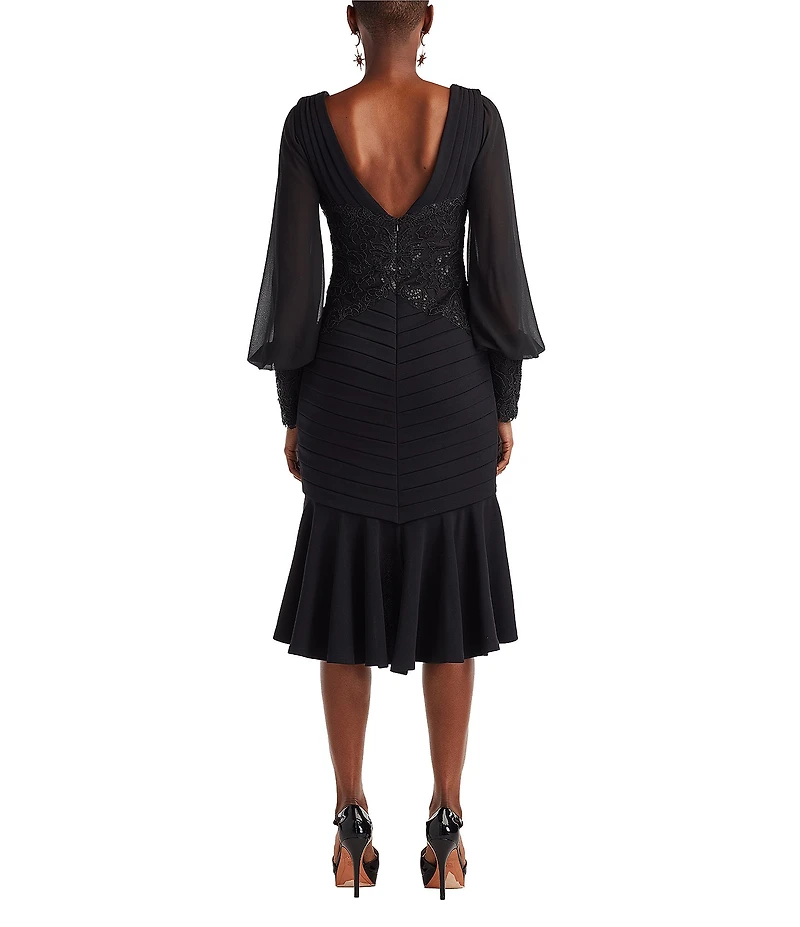 Tadashi Shoji Long Sleeve Shutter Pleat High Low Crepe Lace Sheath Dress