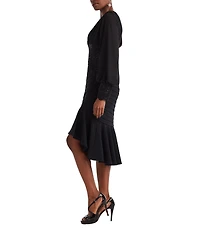 Tadashi Shoji Long Sleeve Shutter Pleat High Low Crepe Lace Sheath Dress