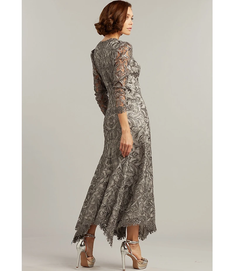 Tadashi Shoji Metallic Sequin Lace V-Neck 3/4 Sleeve Asymmetrical Hem Handkerchief Gown