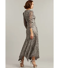 Tadashi Shoji Metallic Sequin Lace V-Neck 3/4 Sleeve Asymmetrical Hem Handkerchief Gown
