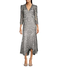 Tadashi Shoji Metallic Sequin Lace V-Neck 3/4 Sleeve Asymmetrical Hem Handkerchief Gown