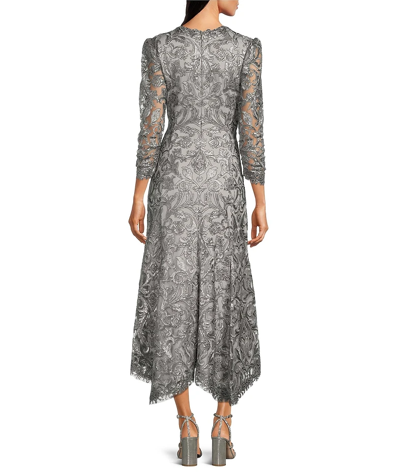 Tadashi Shoji Metallic Sequin Lace V-Neck 3/4 Sleeve Asymmetrical Hem Handkerchief Gown