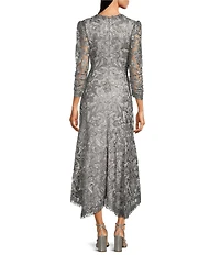 Tadashi Shoji Metallic Sequin Lace V-Neck 3/4 Sleeve Asymmetrical Hem Handkerchief Gown