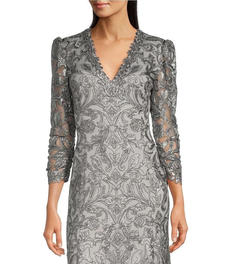 Tadashi Shoji Metallic Sequin Lace V-Neck 3/4 Sleeve Asymmetrical Hem Handkerchief Gown