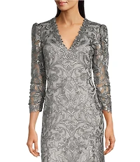 Tadashi Shoji Metallic Sequin Lace V-Neck 3/4 Sleeve Asymmetrical Hem Handkerchief Gown