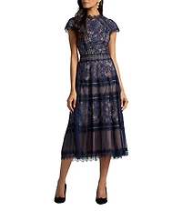 Tadashi Shoji Mock Short Sleeve Embroidered Lace Aline Midi Dress