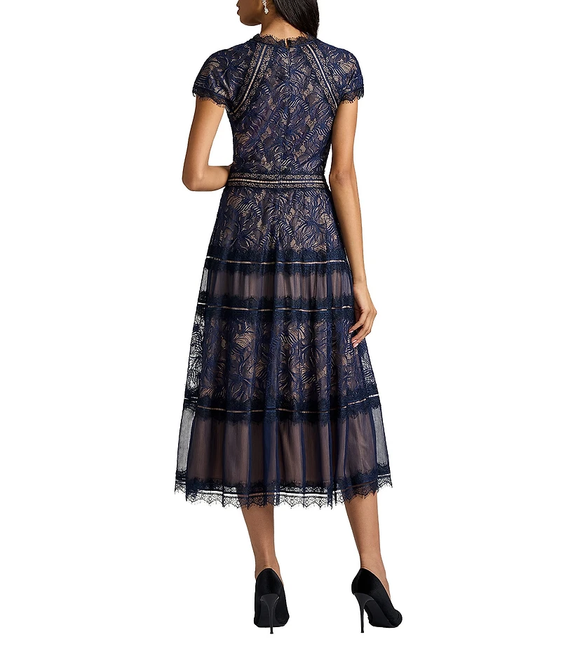 Tadashi Shoji Mock Short Sleeve Embroidered Lace Aline Midi Dress
