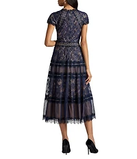 Tadashi Shoji Mock Short Sleeve Embroidered Lace Aline Midi Dress