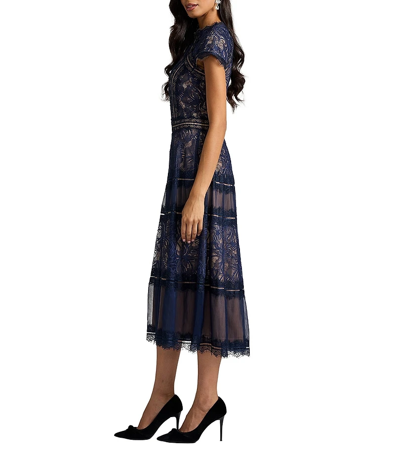 Tadashi Shoji Mock Short Sleeve Embroidered Lace Aline Midi Dress