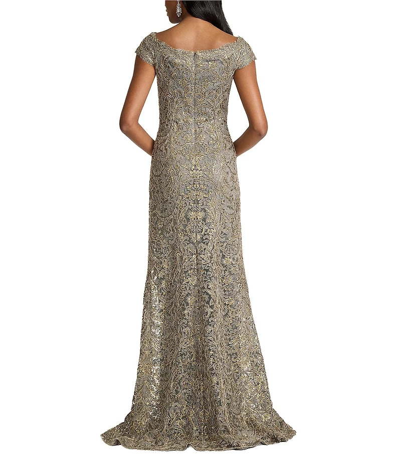Tadashi Shoji Off Shoulder Embroidered Corded Sequin Gown