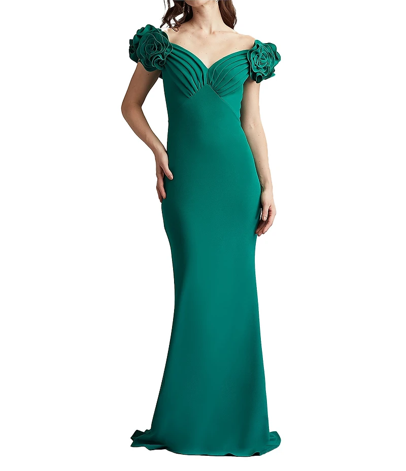 Tadashi Shoji Off the Shoulder 3D Rosette Pleated Bodice Crepe Aline Gown