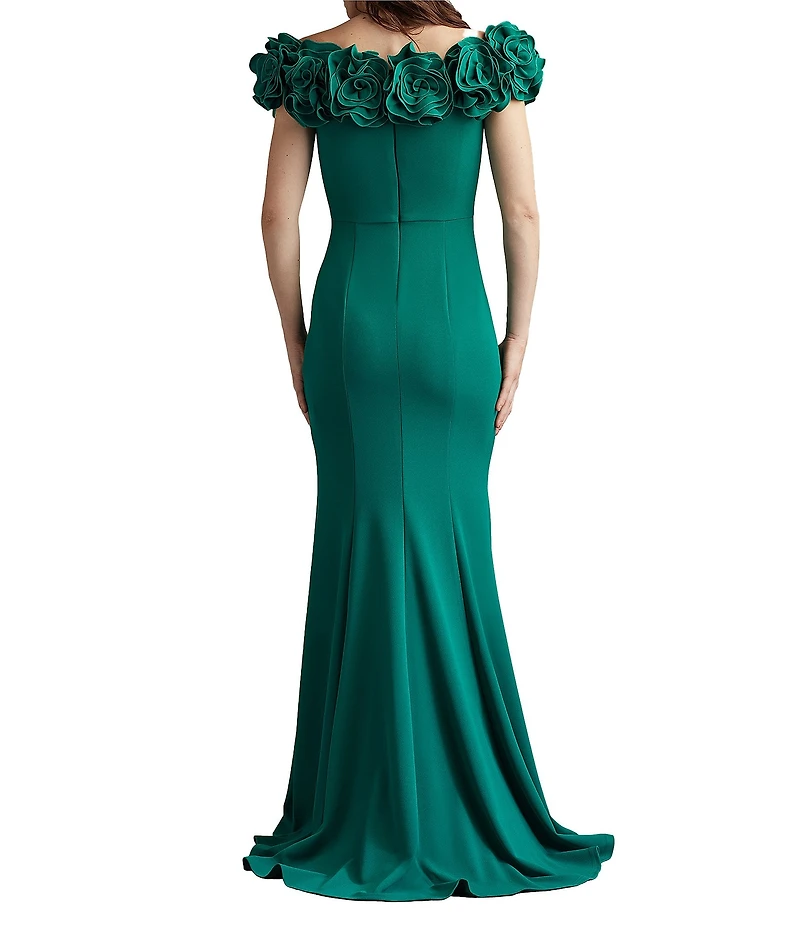 Tadashi Shoji Off the Shoulder 3D Rosette Pleated Bodice Crepe Aline Gown