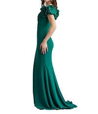Tadashi Shoji Off the Shoulder 3D Rosette Pleated Bodice Crepe Aline Gown