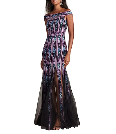 Tadashi Shoji Off The Shoulder Floral Print Chiffon Ribbon Mermaid Gown
