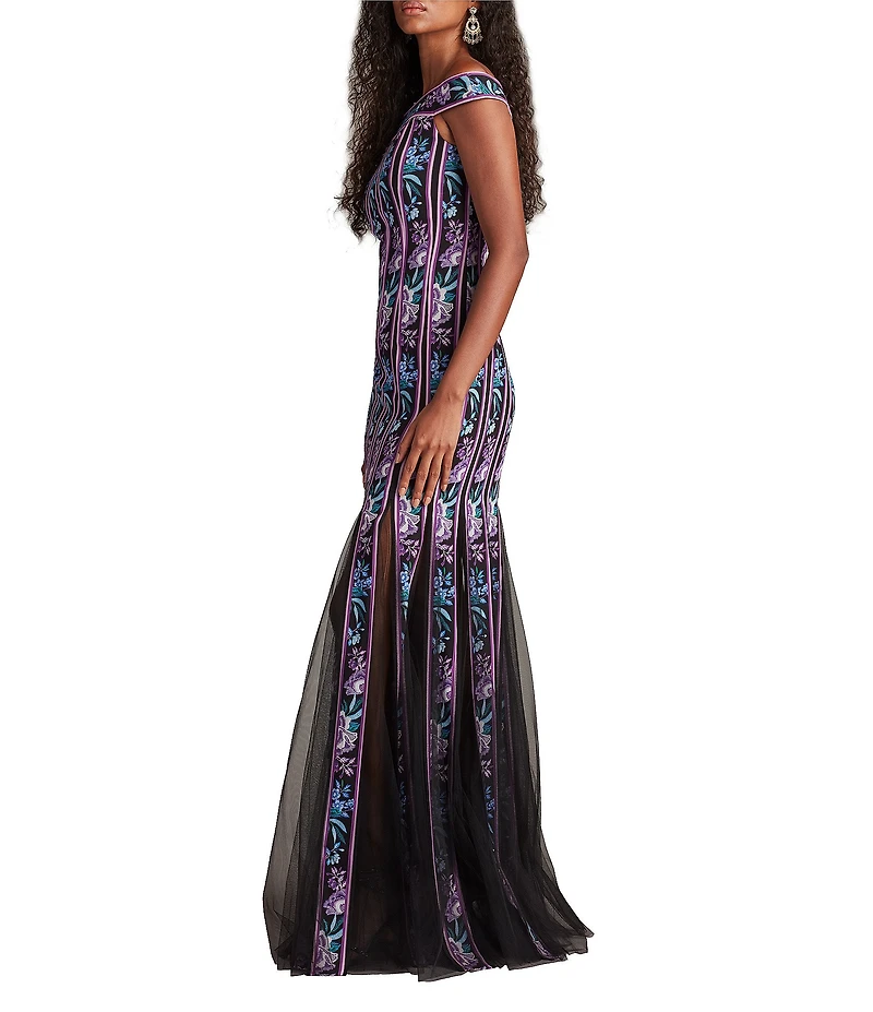 Tadashi Shoji Off The Shoulder Floral Print Chiffon Ribbon Mermaid Gown