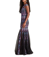 Tadashi Shoji Off The Shoulder Floral Print Chiffon Ribbon Mermaid Gown