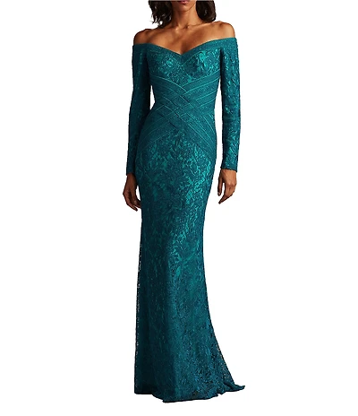 Tadashi Shoji Off The Shoulder Long Sleeve Embroidered Dress