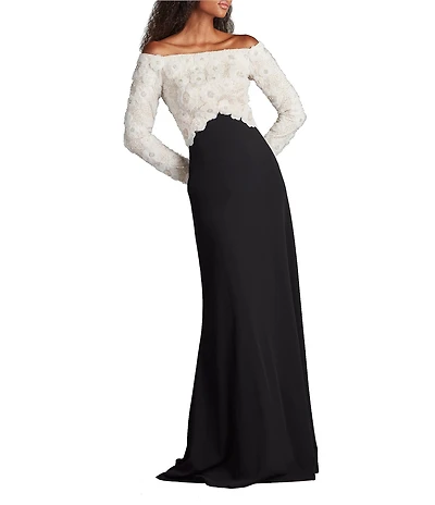 Tadashi Shoji Off-The-Shoulder Long Sleeve Embroidered Lace Bodice Crepe Sheath Gown