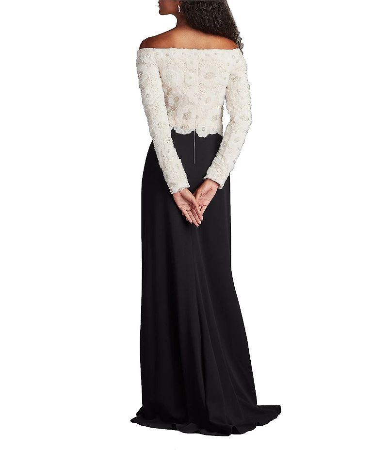 Tadashi Shoji Off-The-Shoulder Long Sleeve Embroidered Lace Bodice Crepe Sheath Gown