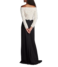 Tadashi Shoji Off-The-Shoulder Long Sleeve Embroidered Lace Bodice Crepe Sheath Gown
