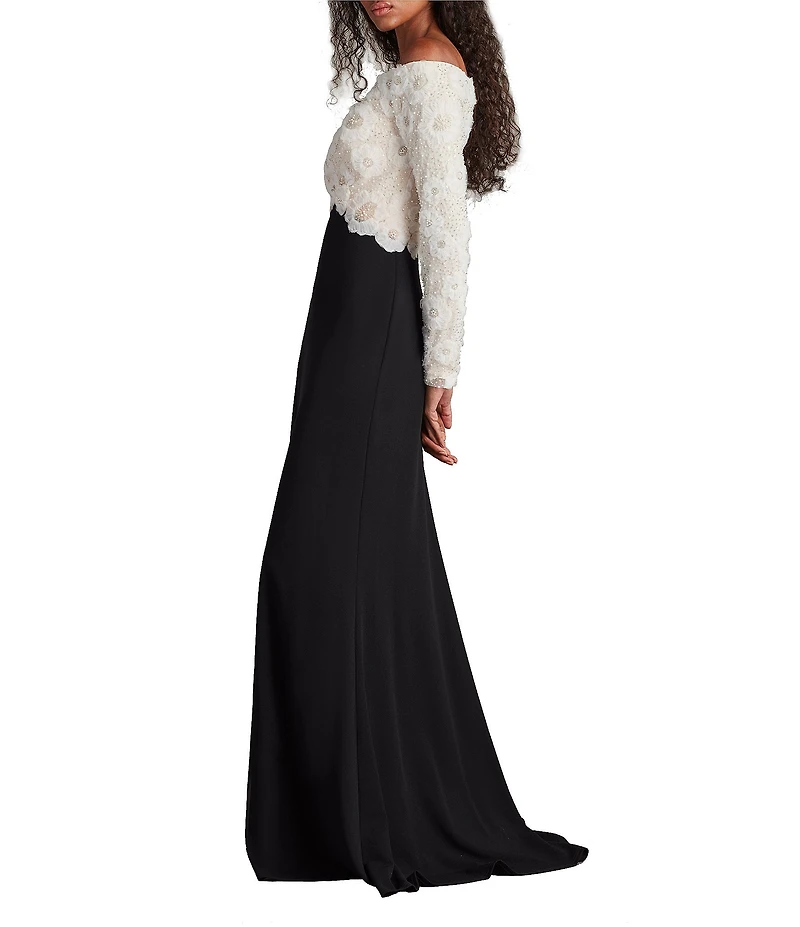 Tadashi Shoji Off-The-Shoulder Long Sleeve Embroidered Lace Bodice Crepe Sheath Gown