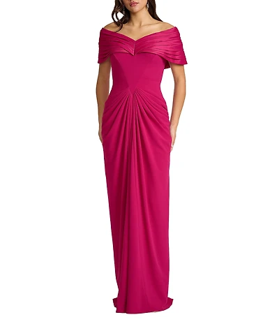 Tadashi Shoji Off-the-Shoulder Pleated Crepe Sheath Gown