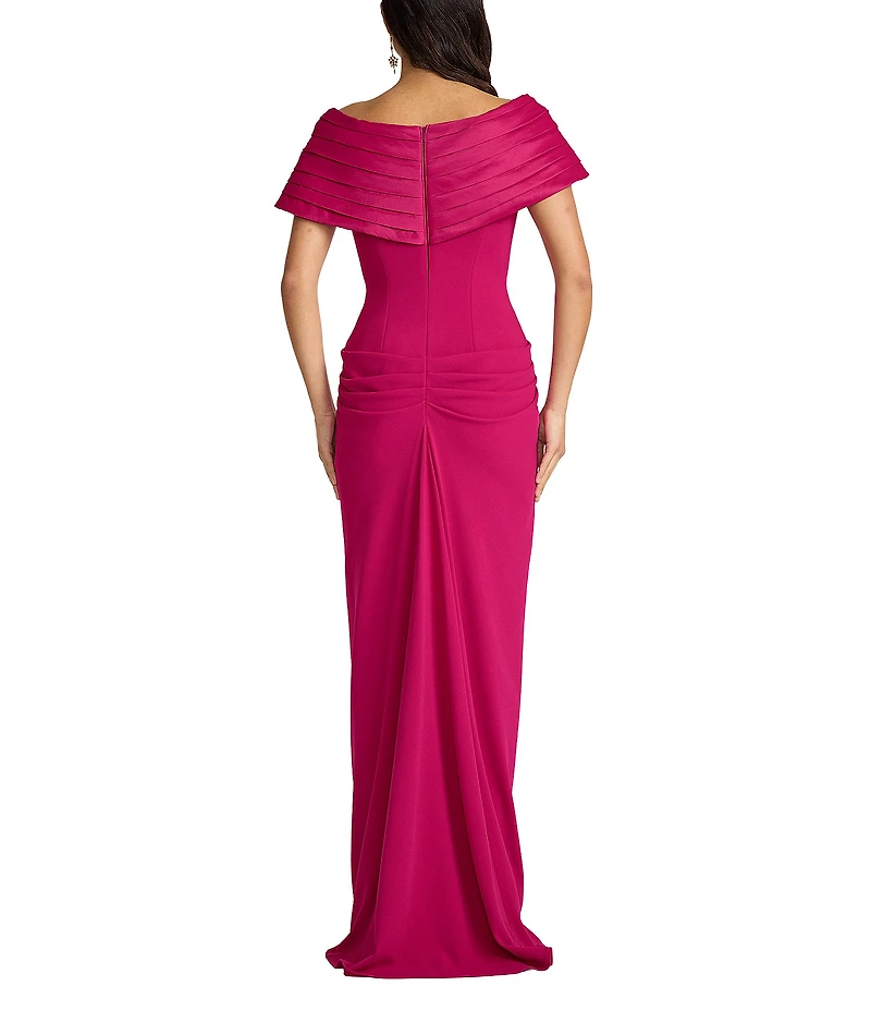Tadashi Shoji Off-the-Shoulder Pleated Crepe Sheath Gown