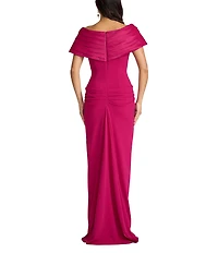 Tadashi Shoji Off-the-Shoulder Pleated Crepe Sheath Gown