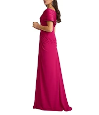 Tadashi Shoji Off-the-Shoulder Pleated Crepe Sheath Gown